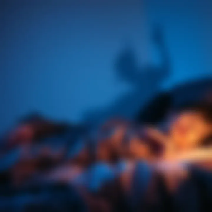 A person lying in bed, unable to move, with a shadowy figure in the corner, illustrating sleep paralysis.