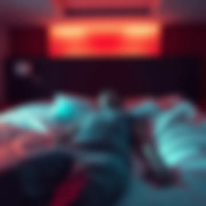 Person in Hotel Room Experiencing Sleep Paralysis A person lying in bed unable to move, looking frightened with shadows in a hotel room, suggesting a feeling of sleep paralysis.