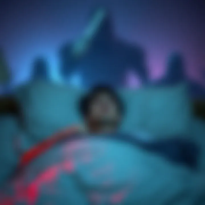 A person lying in bed, looking frightened, appearing unable to move, while shadowy figures loom in the background, illustrating sleep paralysis.
