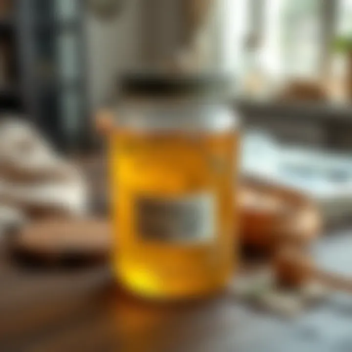A jar filled with honey and calming herbs sitting on a wooden table, surrounded by relaxing items like a candle and a cozy blanket.