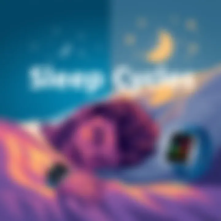 Sleep Cycles Illustration A visual showing light and heavy sleep stages, with a person sleeping peacefully and a smartwatch tracking sleep data.