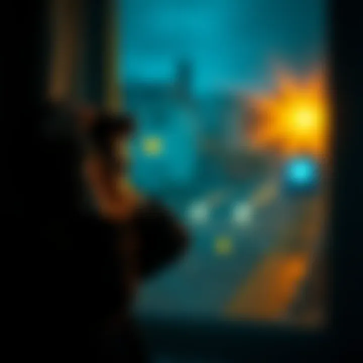 A worried person covering ears while strange lights and shadows are seen outside their window, representing sleep disruption tactics.