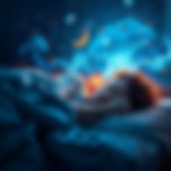A person sleeping peacefully with dreamlike imagery surrounding them, representing lucid dreaming amidst a busy lifestyle.