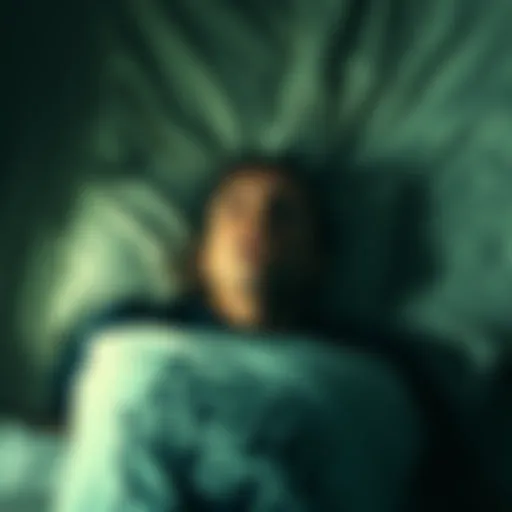A person lying in bed with eyes wide open, looking frightened as they try to move but feeling heavy pressure on their chest, depicting a sleep paralysis episode.