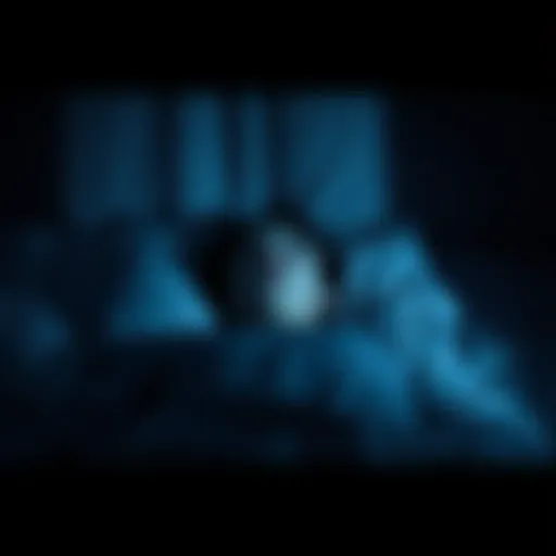 A person lying in bed with a scared expression while unable to move, surrounded by a dark room.