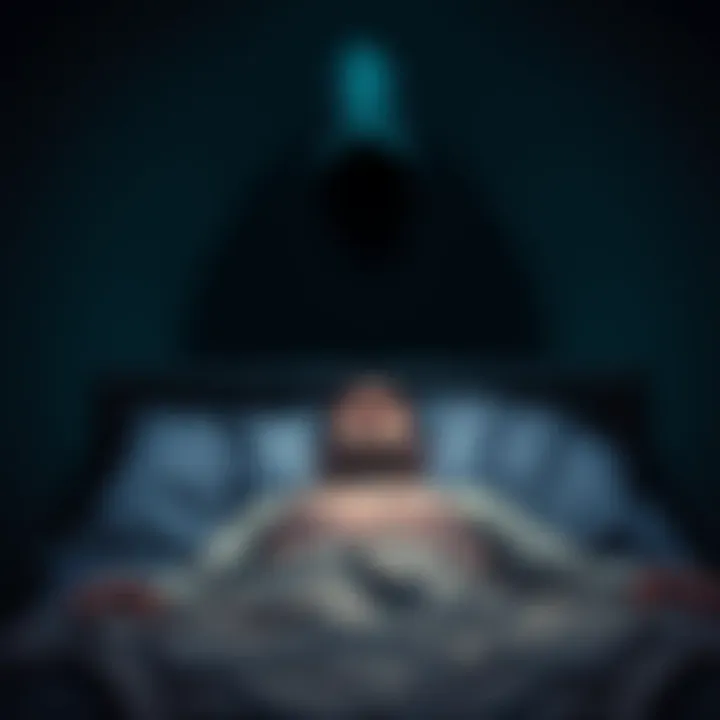 Person experiencing sleep paralysis A person in bed, appearing distressed and unable to move, with a shadowy figure looming above.