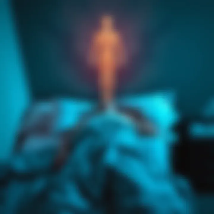 A person lying in bed, unable to move, with a faint image of their own body above them and shadowy figures around, symbolizing sleep paralysis and astral projection.