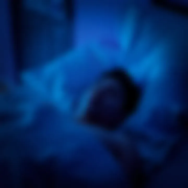 A person lying in bed, eyes closed, surrounded by a dark and blurred room, suggesting an out-of-body experience