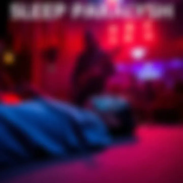 A person lies in a concert venue, frozen in fear, with a shadowy figure looming nearby and unsettling lights in the background.