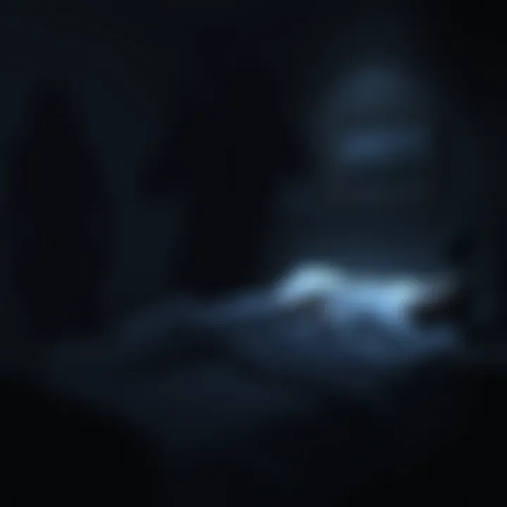 A dimly lit room with a figure lying on a bed, looking scared, and shadowy shapes in the background suggesting a feeling of dread and unease.