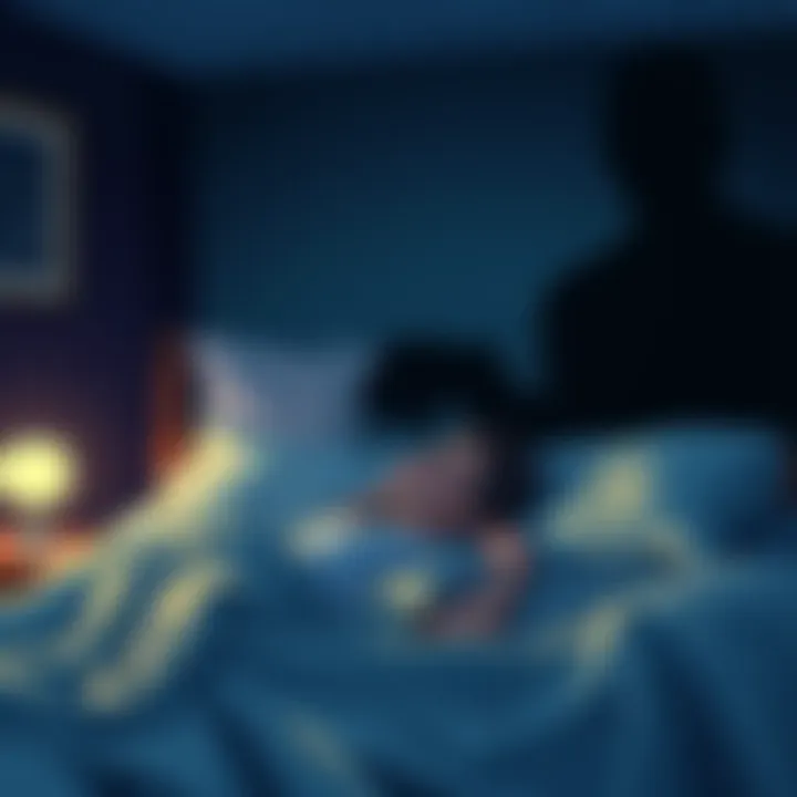 An artist's illustration showing a person experiencing sleep paralysis, with a shadowy figure looming over them in bed.