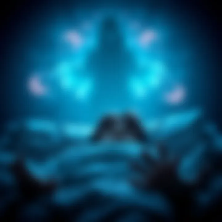 A high school student lying in bed, eyes wide open in fear, while an unseen presence looms in the background.