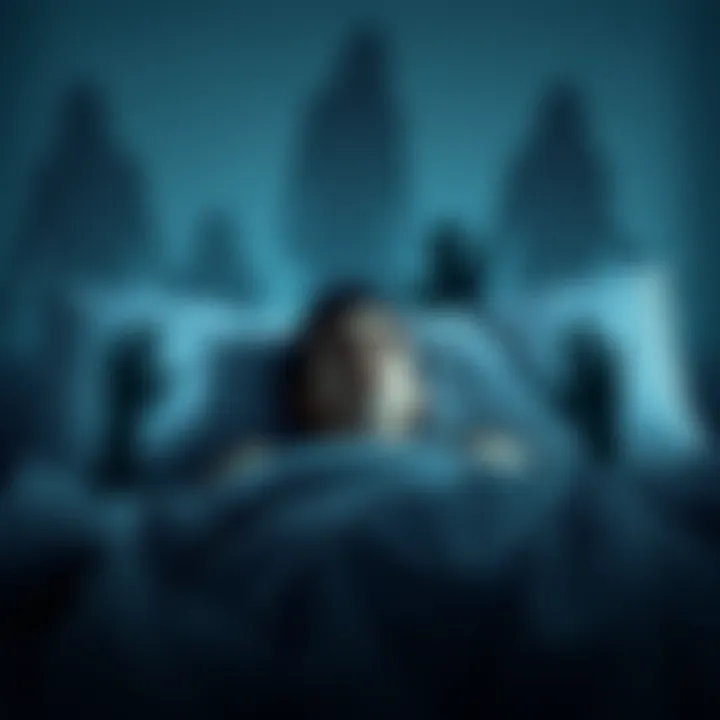 A person lying in bed with a frightened expression, unable to move, surrounded by shadowy figures that symbolize sleep paralysis