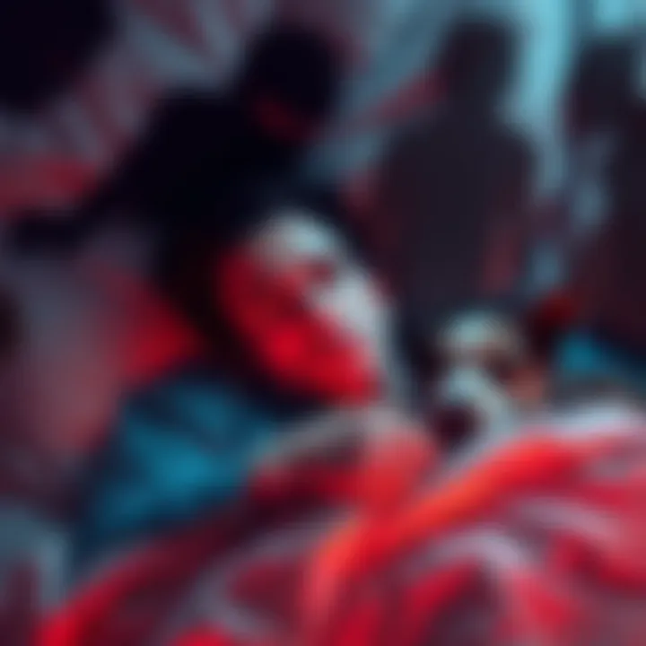 A person lying in bed wide-eyed with fear, surrounded by shadowy figures and a comforting pet nearby, illustrating a sleep paralysis episode.