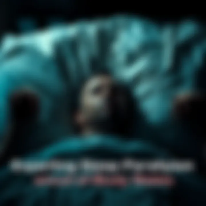 A person lying in bed with a fearful expression, unable to move, surrounded by dark shadows representing sleep paralysis