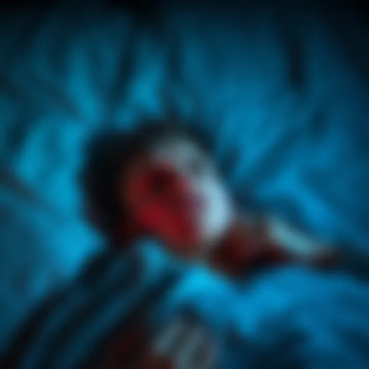 A person lying in bed with a distressed expression, eyes wide open, and body unable to move, surrounded by dark shadows representing fear.