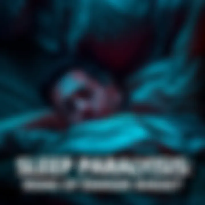 A person lying in bed with a worried expression, surrounded by a dark atmosphere that suggests distress and fear during a sleep paralysis episode.