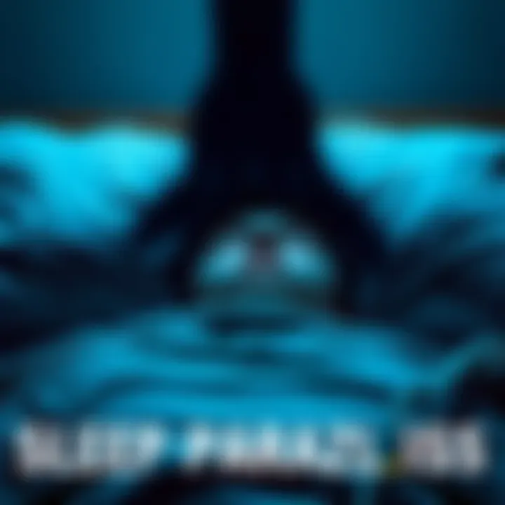A figure lying in bed, eyes wide open, with a shadowy presence looming above, representing the feeling of sleep paralysis.