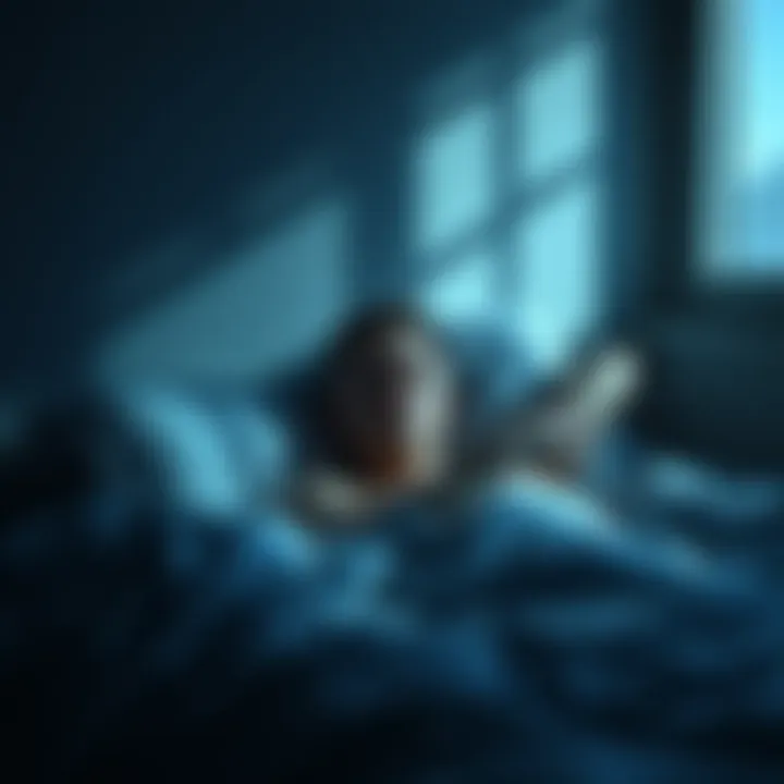 Young man lying in bed with a distressed expression, surrounded by dark shadows symbolizing sleep paralysis, while faint light from a nearby window casts eerie shapes on the wall.