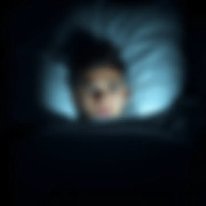 A young man lying in bed with wide eyes, unable to move, surrounded by shadows, depicting sleep paralysis and fear.