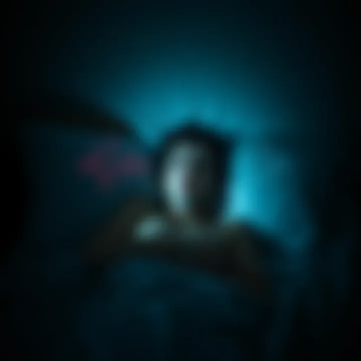 A person lying in bed with a shocked expression, surrounded by dark shadows and sound waves representing eerie laughter.