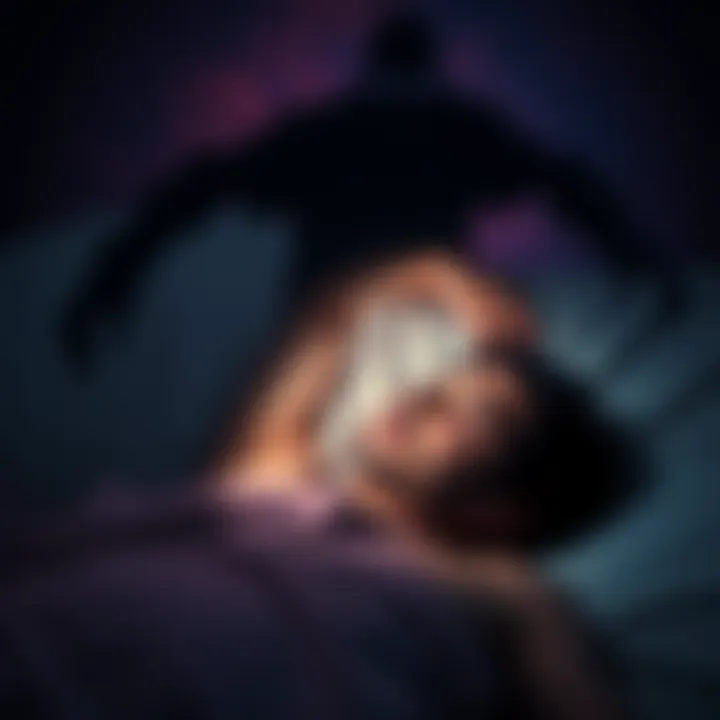 A person lying in bed with eyes open, looking frightened, while a shadowy figure looms above them, suggesting a feeling of paralysis and fear during an episode