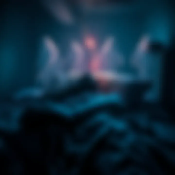 A person lying in bed, unable to move, with ghostly figures looming nearby and a glowing spark in the air