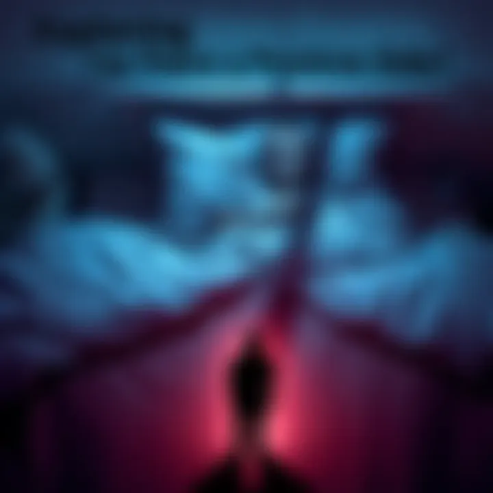 A person lying in bed, appearing startled or unable to move, with a faint shadow-like figure at the foot of the bed, depicting the experience of sleep paralysis.