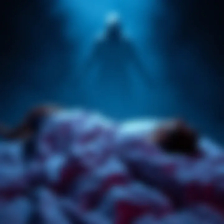 Person experiencing sleep paralysis A person lying in bed with a shadowy figure hovering above, representing the feeling of sleep paralysis