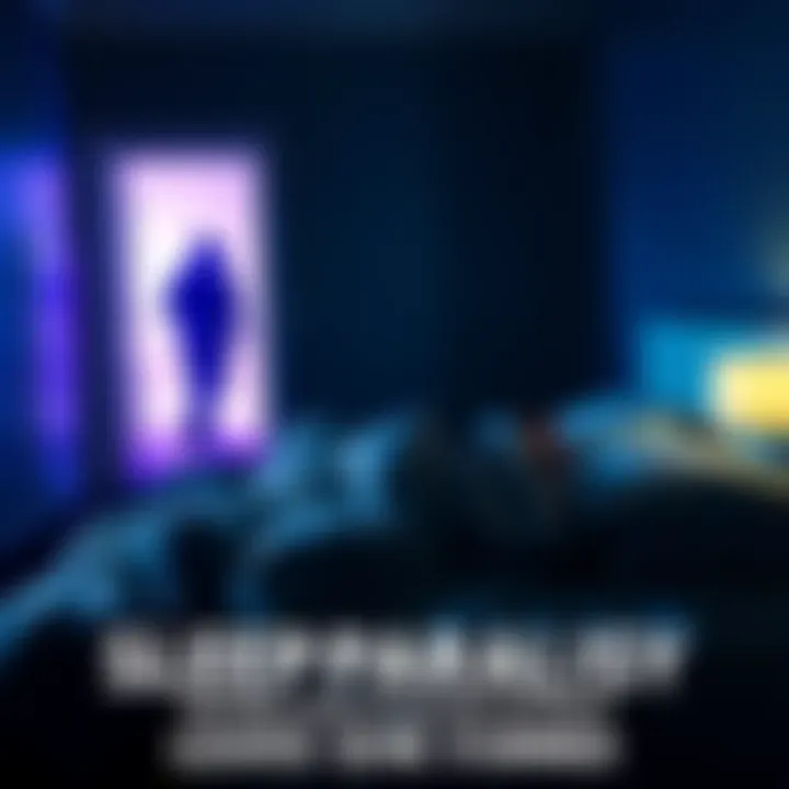 Person lying in bed with a comforter pulled back, looking at a locked door with shadows and footsteps appearing nearby.