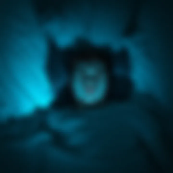 A person lying in bed with a worried expression, caught between sleep and wakefulness, surrounded by dark shadows representing sleep paralysis.
