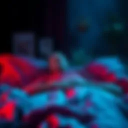 A person lying in bed with a frightened expression, unable to move, surrounded by dark shadows and eerie sounds.