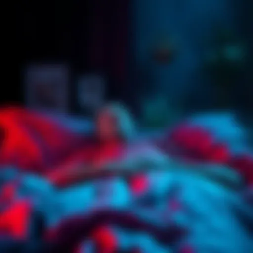 A person lying in bed with a frightened expression, unable to move, surrounded by dark shadows and eerie sounds.