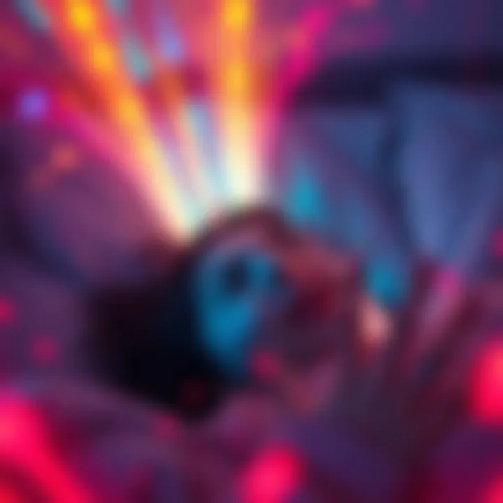 Person Experiencing Sleep Paralysis A person lying in bed with a distressed expression, surrounded by colorful visual effects representing vibrations and ringing while experiencing sleep paralysis.