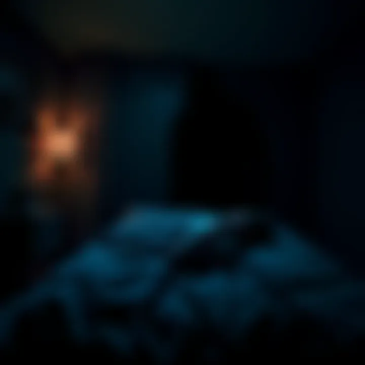 A person experiencing sleep paralysis in a dark bedroom A person lying in bed unable to move, with a shadowy figure looming nearby, illustrating a sleep paralysis experience.