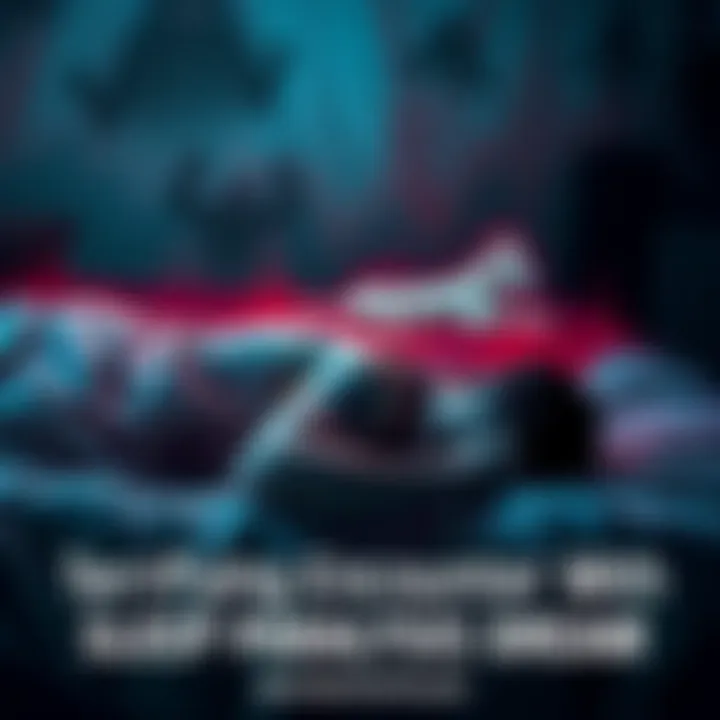 A person lying in bed unable to move, with dark shapes and a ghostly dog in the background, while a phone shows disturbing images