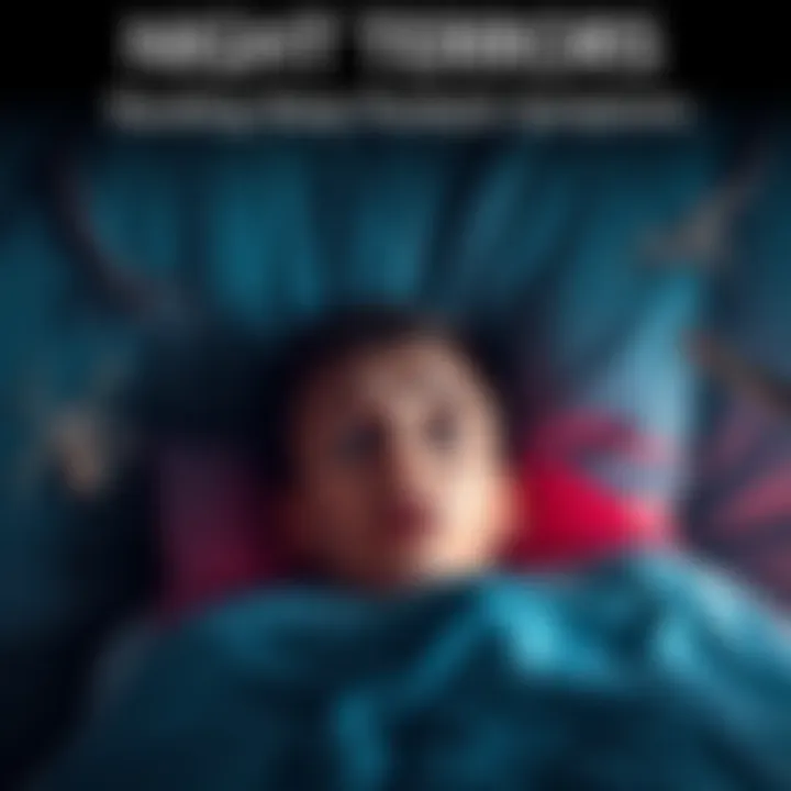 A person lying in bed with eyes wide open, looking scared while dark figures loom over them, including images of spiders and snakes