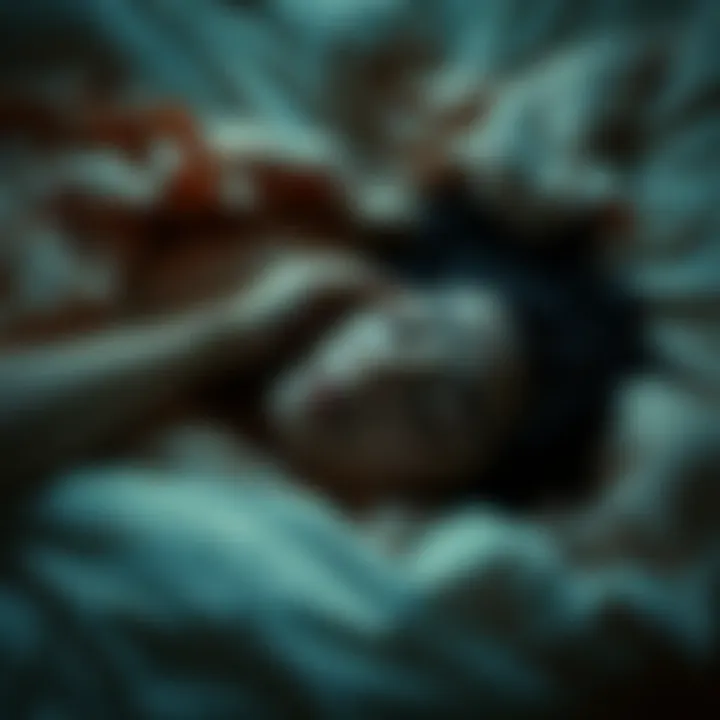 Individual lying in bed with a detached feeling, eyes open, as if floating above their body during a sleep paralysis episode