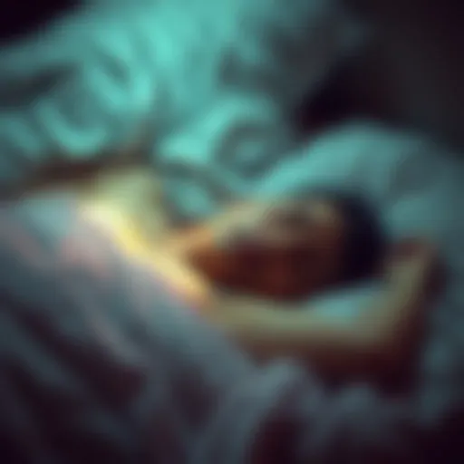 Individual lying in bed with a calm expression, eyes closed, left side of the body highlighted, suggesting a spiritual connection