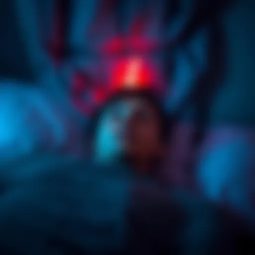 A person lying in bed with wide eyes, unable to move, as dark shadows loom around them and eerie sounds echo in the room.