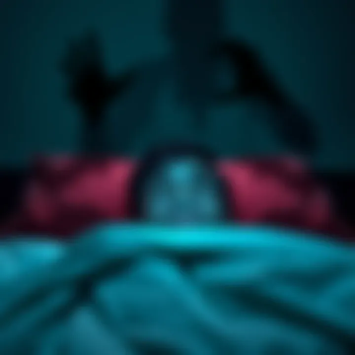 A person in bed, eyes wide open, looking terrified while an ominous shadow looms over them, representing the feeling of sleep paralysis.