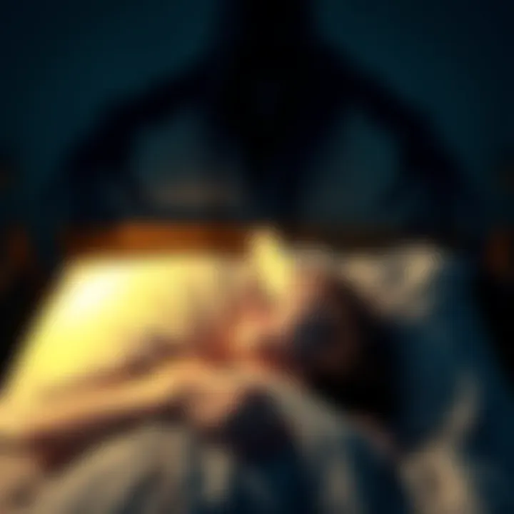 A person lying in bed, looking upward with a fearful expression as a shadowy figure looms overhead
