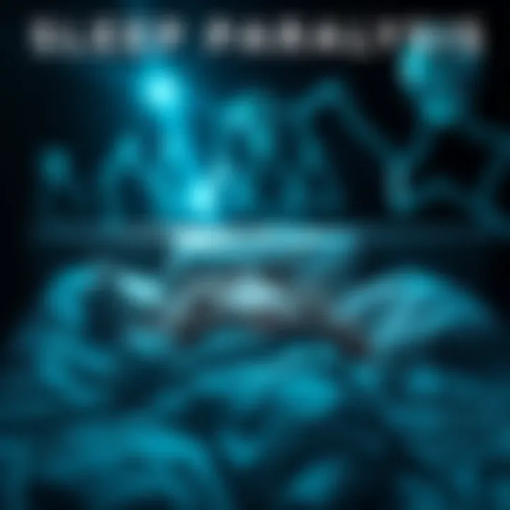 A person lying in bed unable to move, surrounded by a dark setting with abstract shapes symbolizing alien presence.