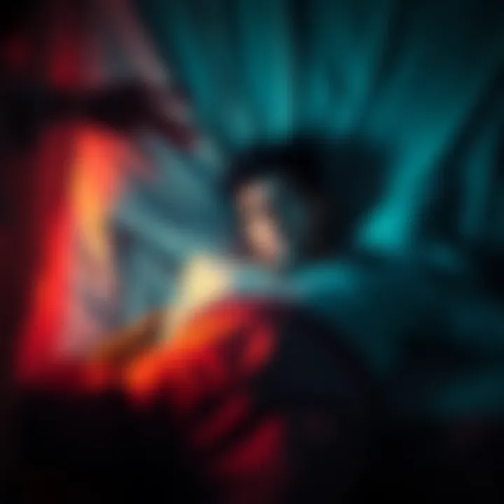 A person lying on a bed with a fearful expression, surrounded by shadowy figures, depicting the feeling of sleep paralysis.