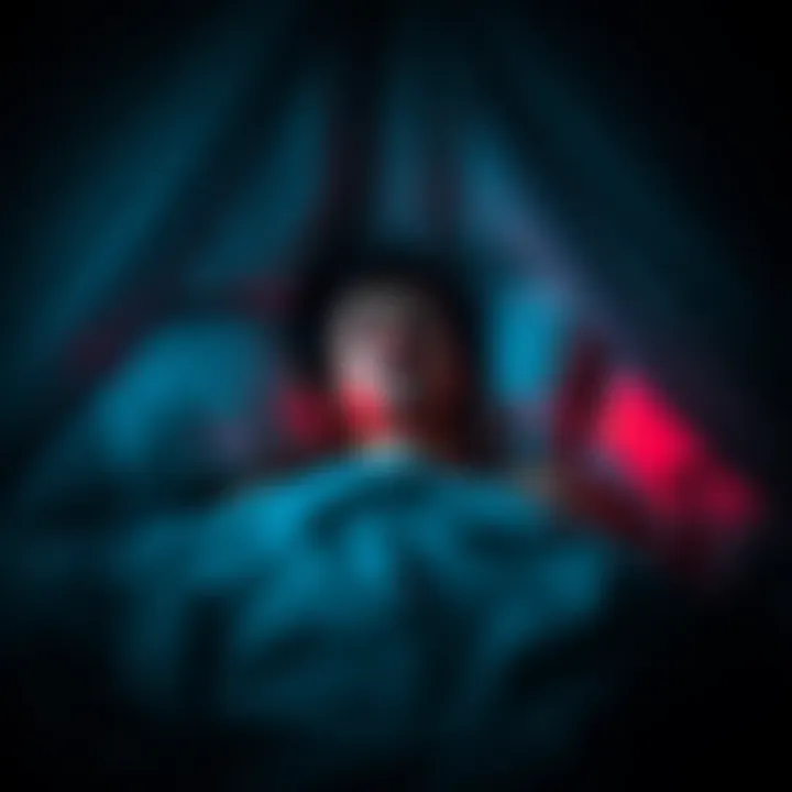 A person lying in bed with a terrified expression, surrounded by dark shadows and vivid imagery, indicating a nightmare