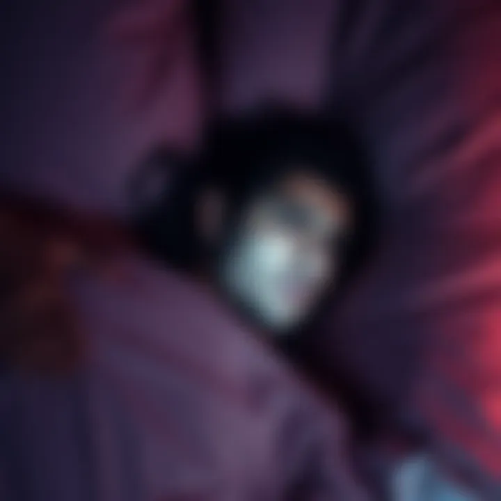 A person lying in bed with a worried expression, surrounded by faint sounds and sensations, representing auditory and proprioceptive hallucinations during sleep paralysis.