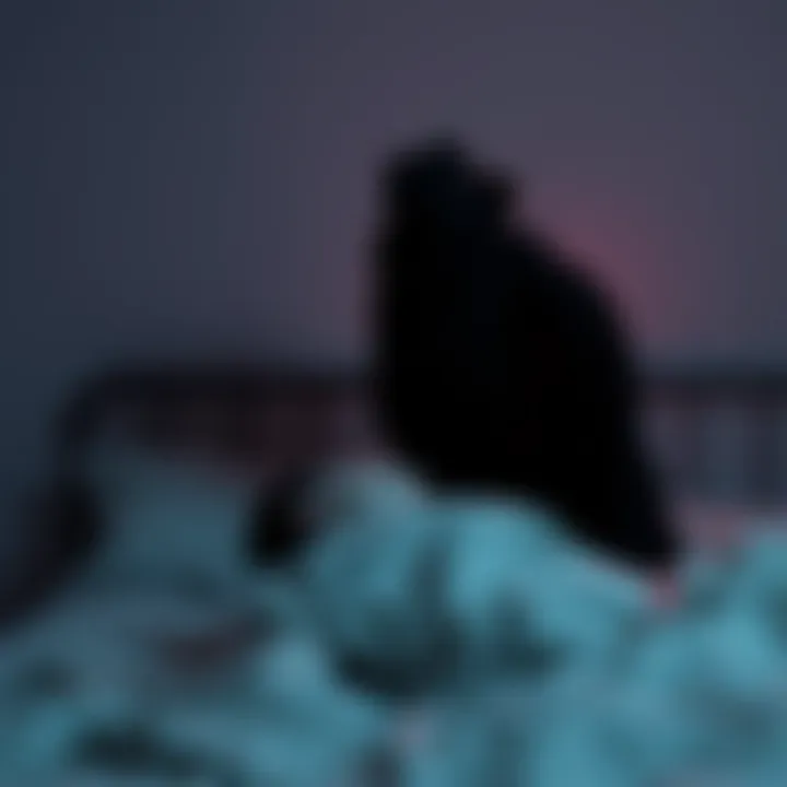 Sleep Paralysis Encounter with Hat Man A shadowy figure known as Hat Man stands near a bed, wearing a tilted hat that obscures his eyes, as a person lies frozen in fear, experiencing sleep paralysis.