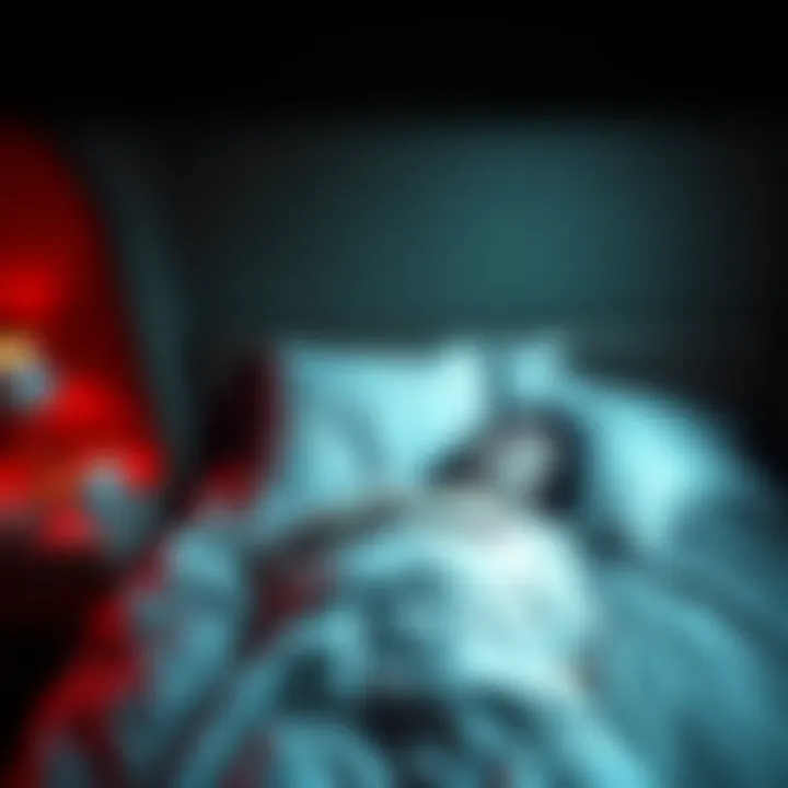 Person lying in bed with a terrified expression in a dark hotel room, unable to move