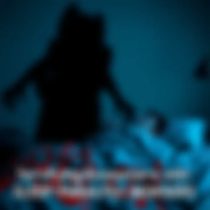 Sleep Paralysis Monster Encounter A shadowy figure looming over a person in bed during a sleep paralysis episode, creating a sense of fear and dread.