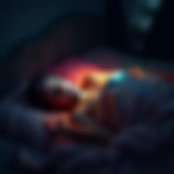 A person lying in bed with a terrified expression, unable to move, as shadowy figures loom near them in a dark room.